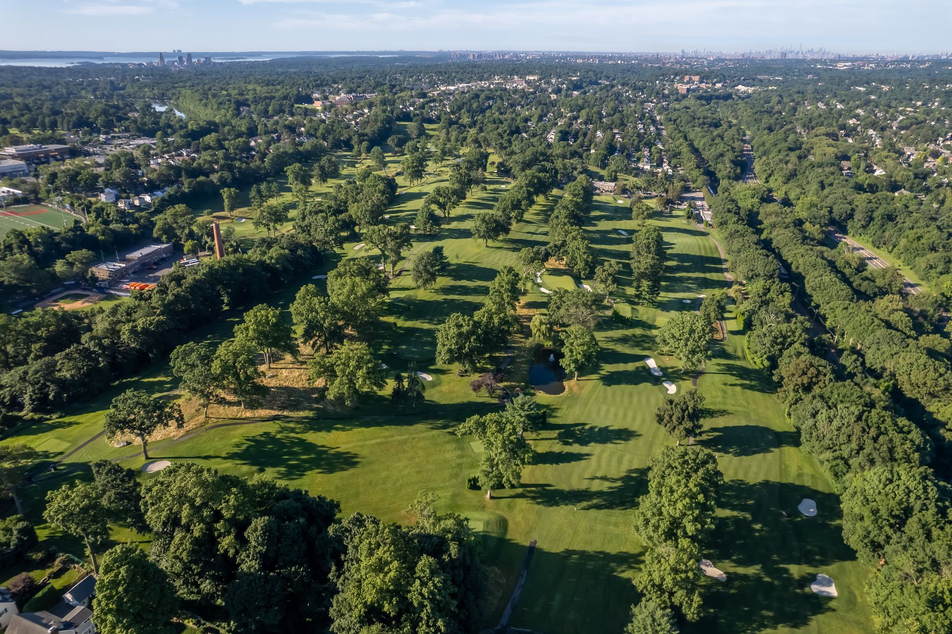 Aerial view of a green golf course with scattered trees, bordered by rows of trees and a distant cityscape.