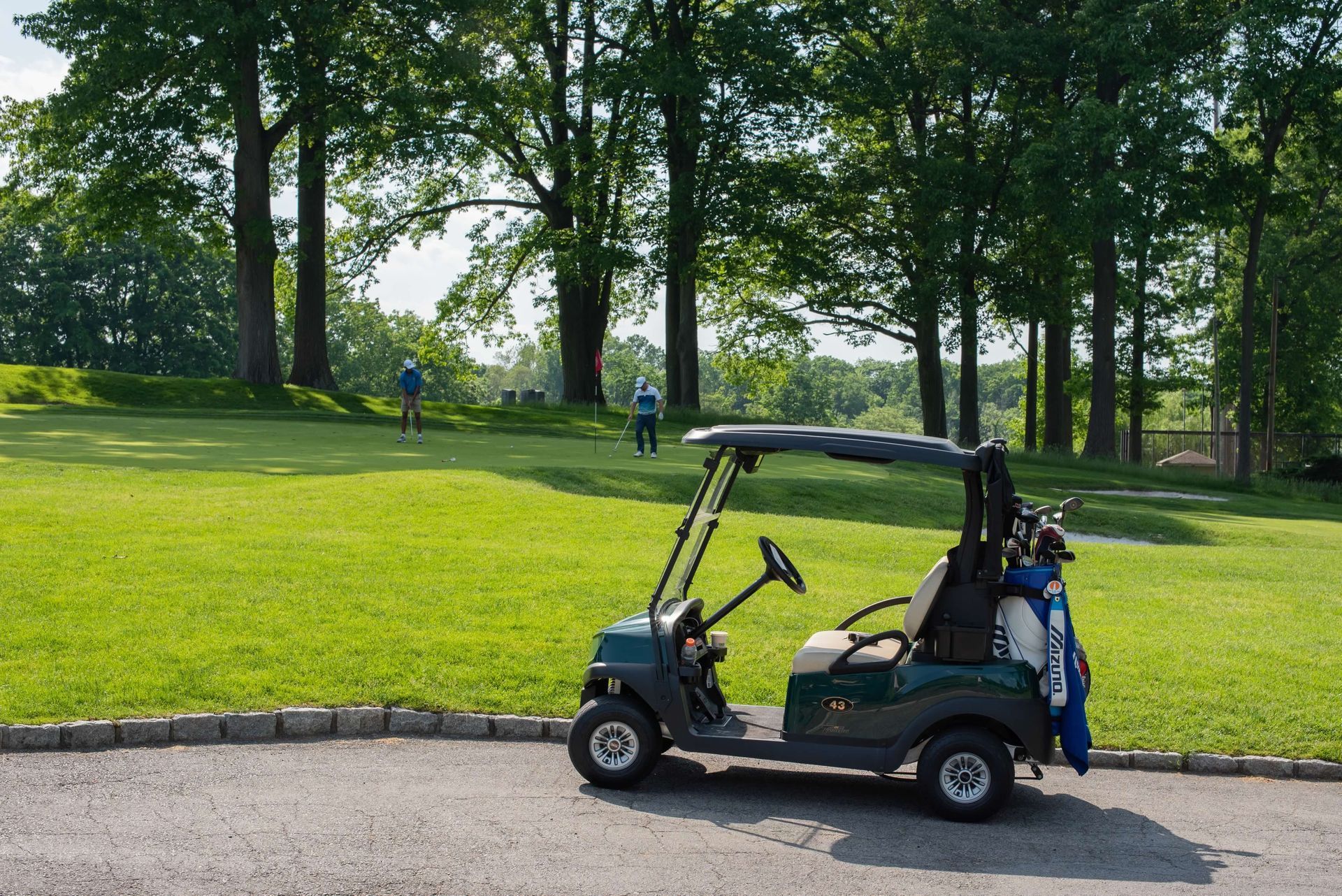 Golf cart on a green fairway with golfers in the background. Sunny day.