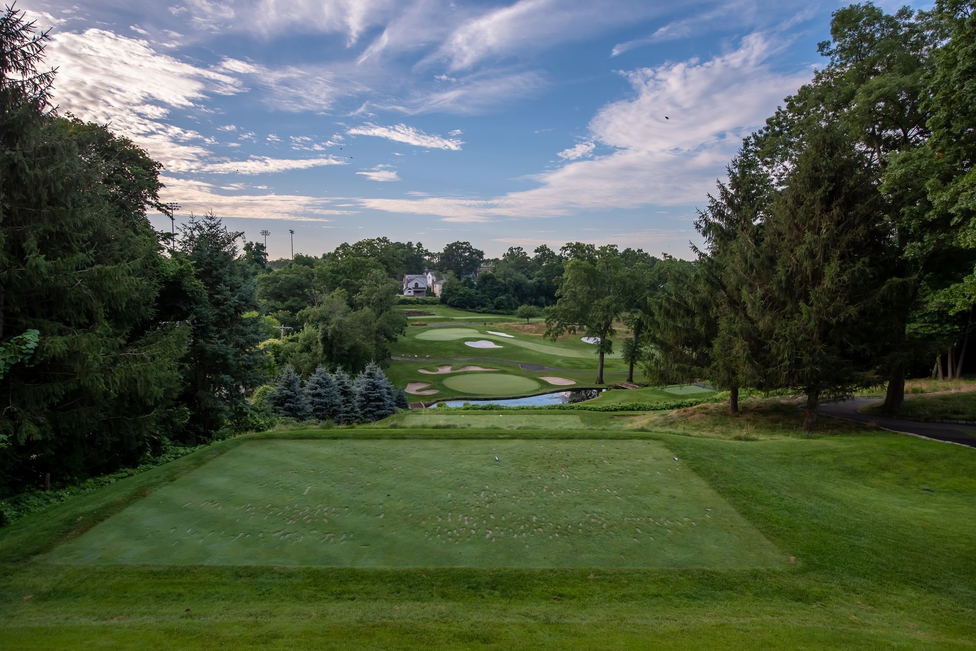 Golf course fairway with green grass, trees, and cloudy blue sky.