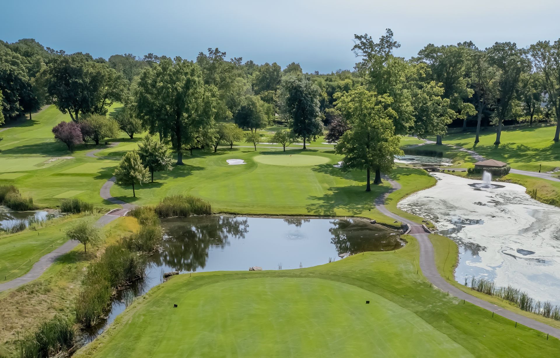 Green golf course with pond and trees under a sunny sky.