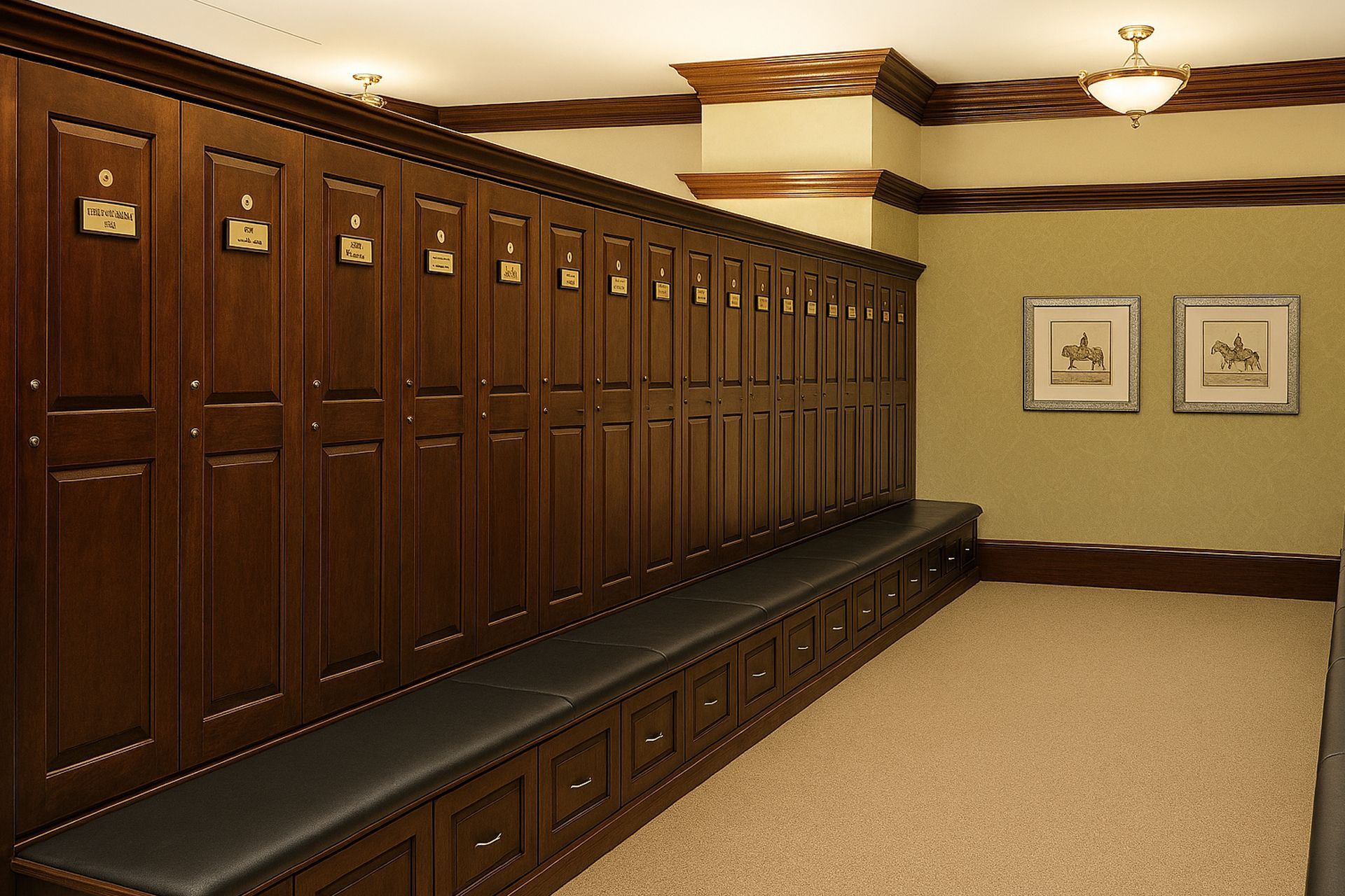 Dark wood lockers with a bench, in a room with tan carpet and framed art.
