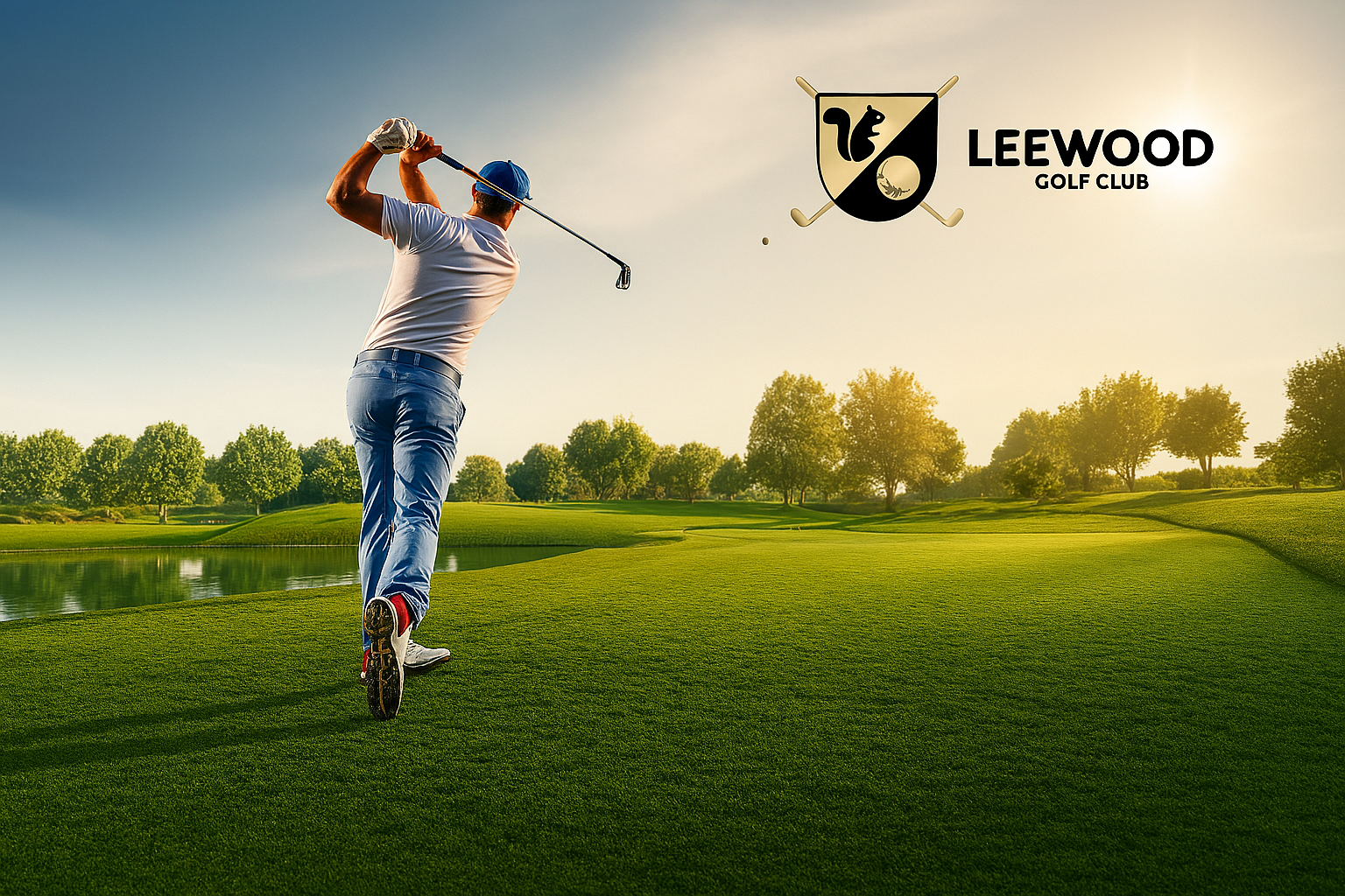 Golfer swinging club on a green course at Leewood Golf Club, sunny day.