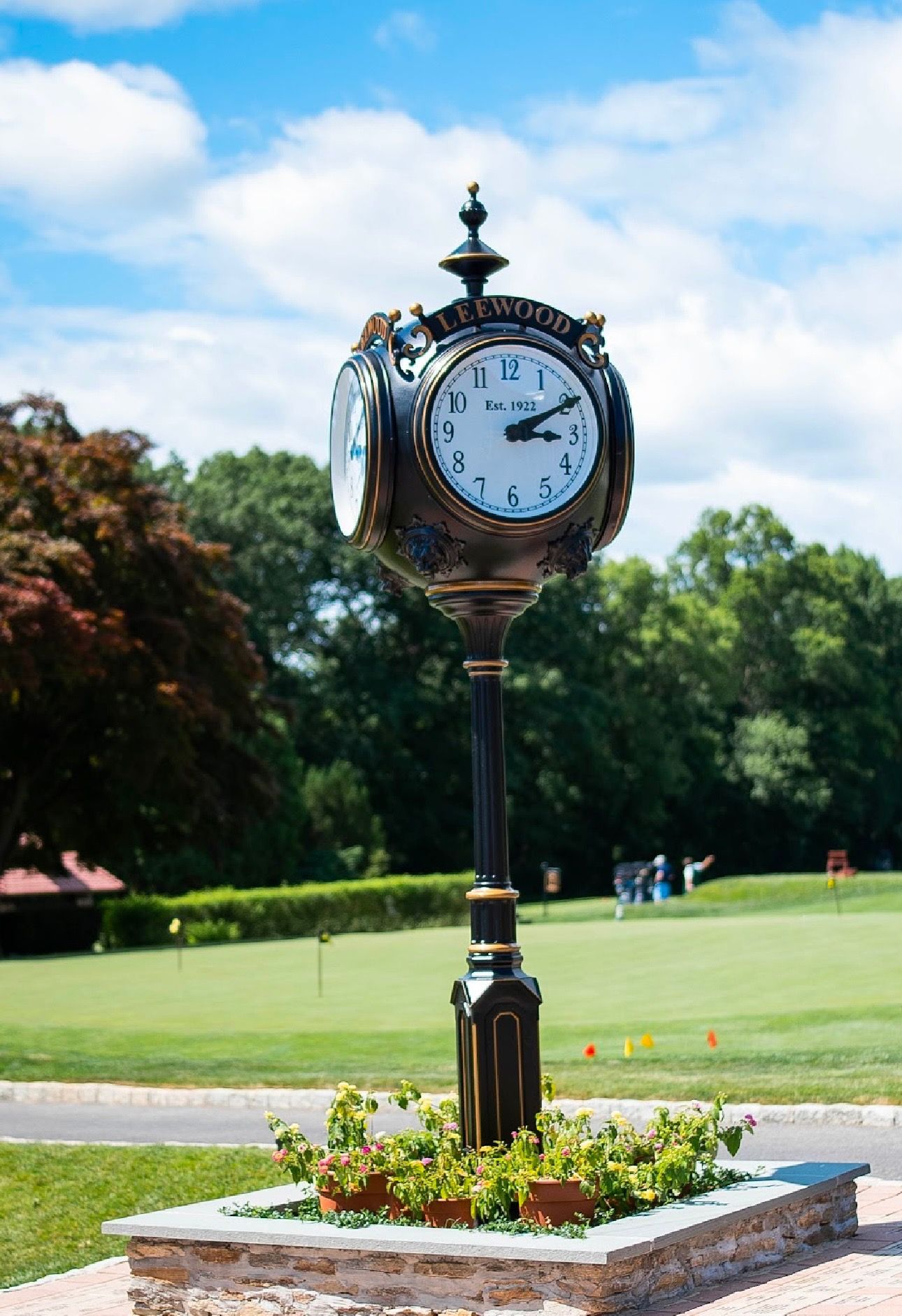 Clock on a post at a golf course, displaying the time. Green grass and trees in the background.
