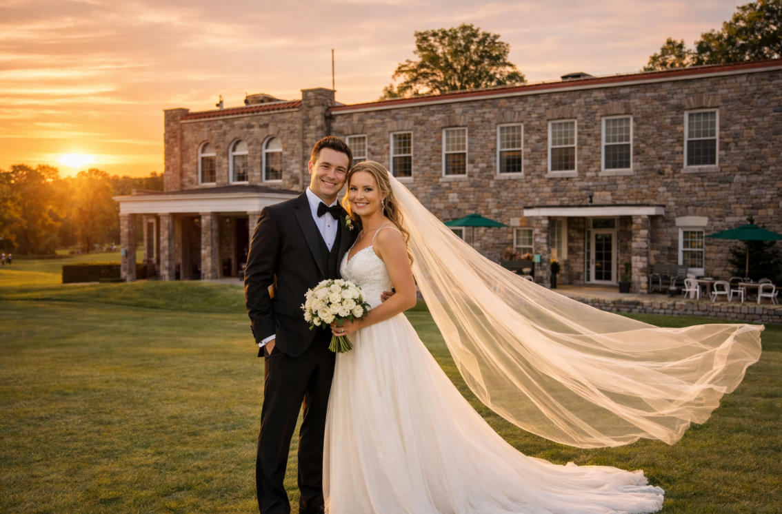 A bride and groom pose together on a lawn in front of a stone building at sunset, with the bride's veil blowing in the wind.