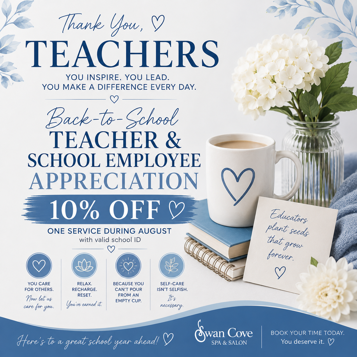 Teacher appreciation sale poster with white flowers, mug, notebooks, and blue 10% off text