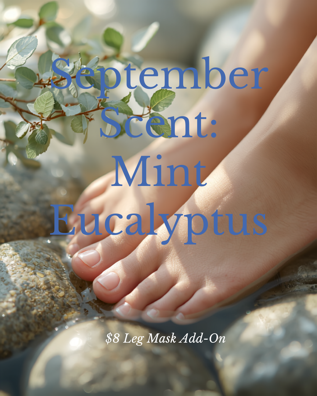 Almond oatmeal pedicure spa ad with feet, oats, almonds, and white flowers on a light blue background