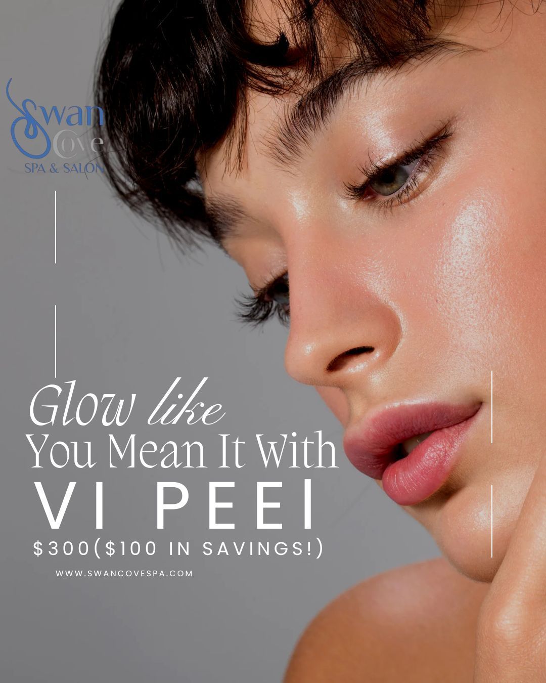 Promotional poster for Swan Cove Spa & Salon. New clients get a 45 min. Fall Renewal Facial for $80. Features spa facial photos.