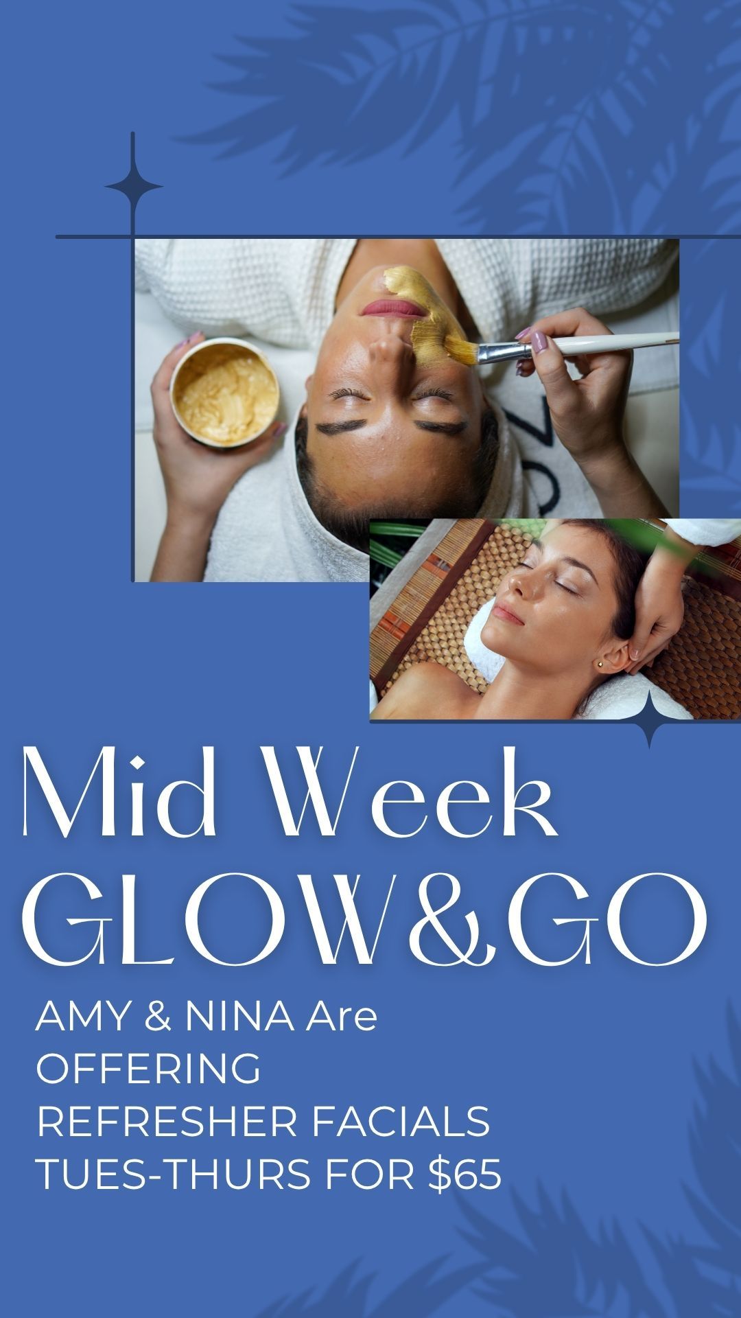 Blue spa ad for Mid Week Glow & Go, showing facial treatment and cleanser with text promoting Thursday–Friday specials.