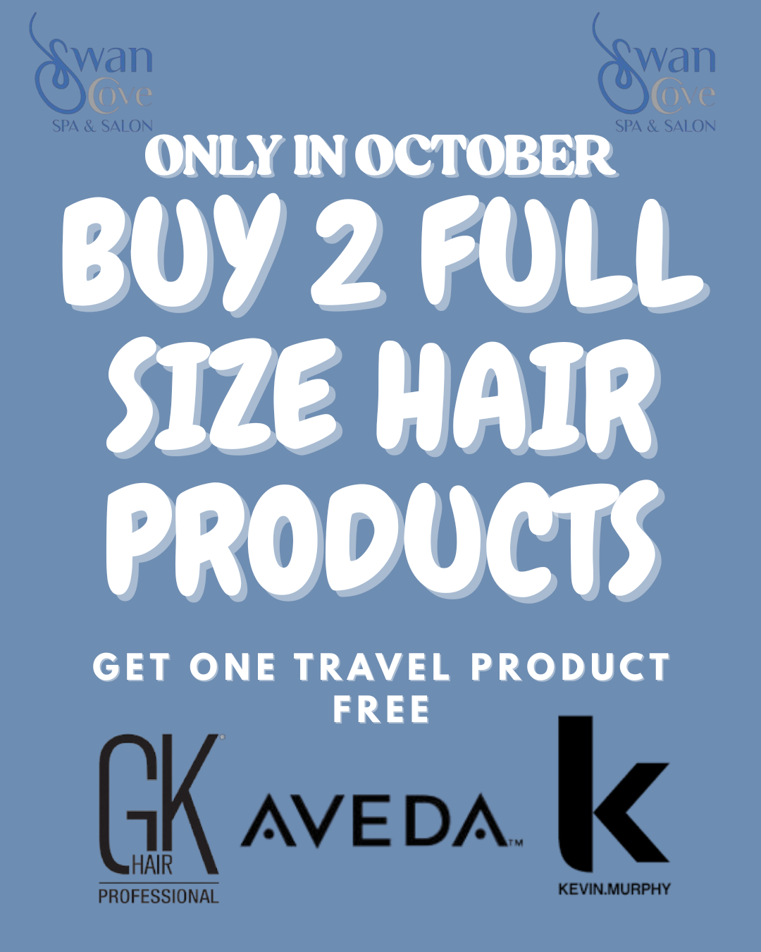 Promotional poster: Buy 2 full-size hair products in October and get a travel product free. Brands include GK, Aveda, and Kevin Murphy.