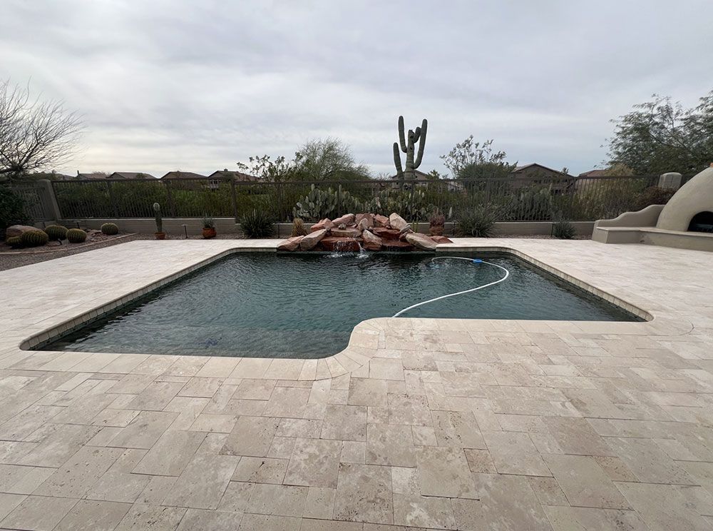 A large swimming pool with a cactus in the background.