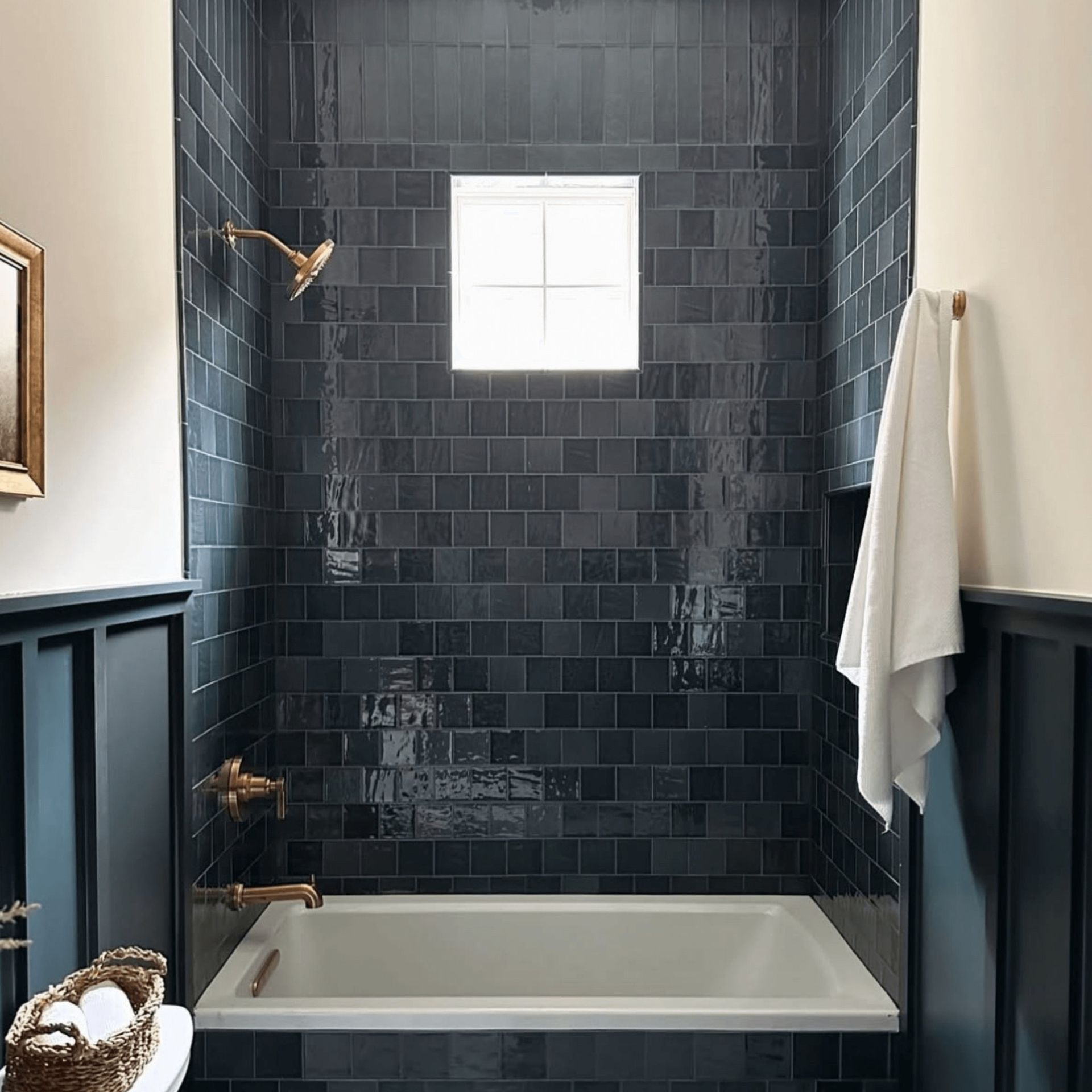Dark blue tiled shower with white bathtub and small window. Brass fixtures and white towel.