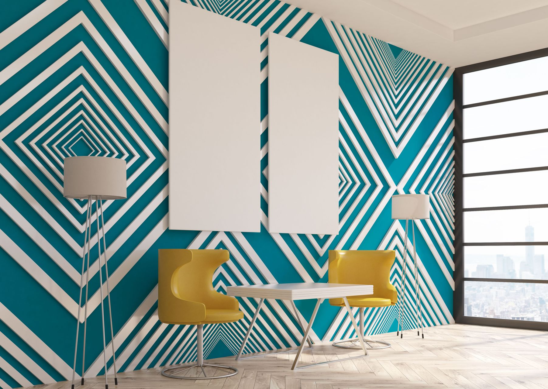 Room with teal and white geometric wall, white table, yellow chairs, and blank art.
