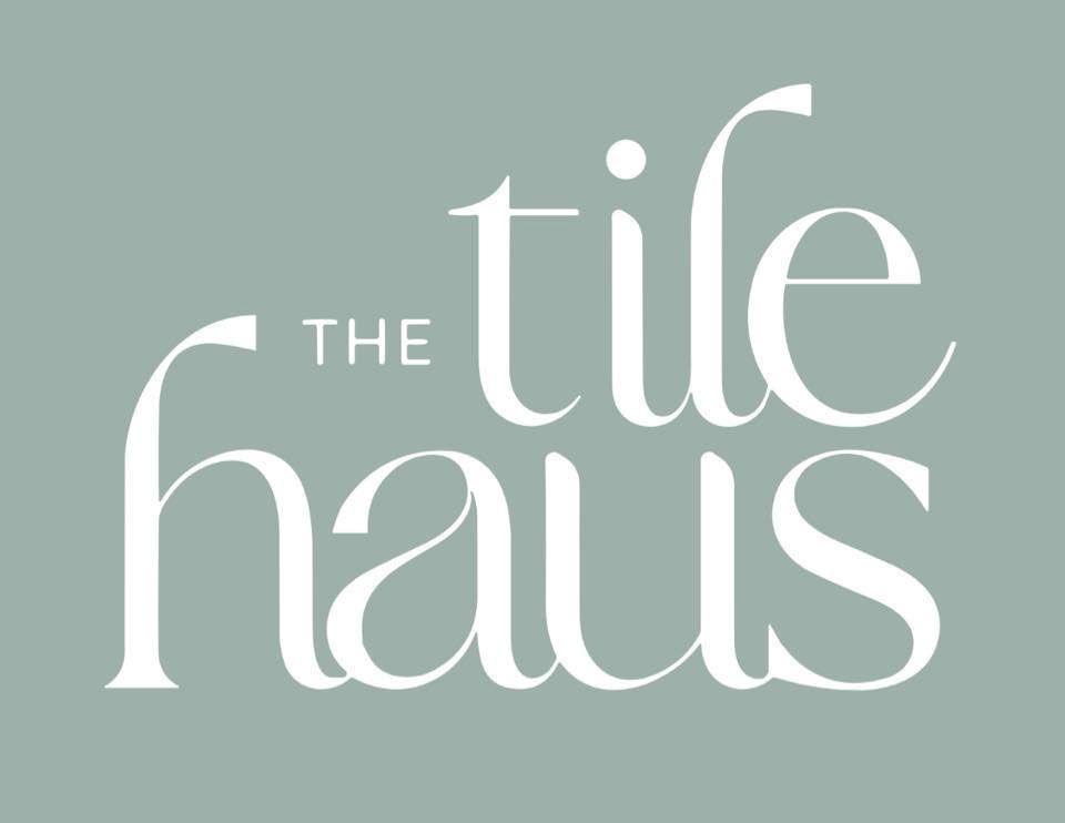 Logo for Tile Haus: white text on a muted green background.