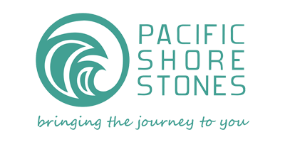 Logo for Pacific Shore Stones with a teal wave inside a teal circle, and text that says 
