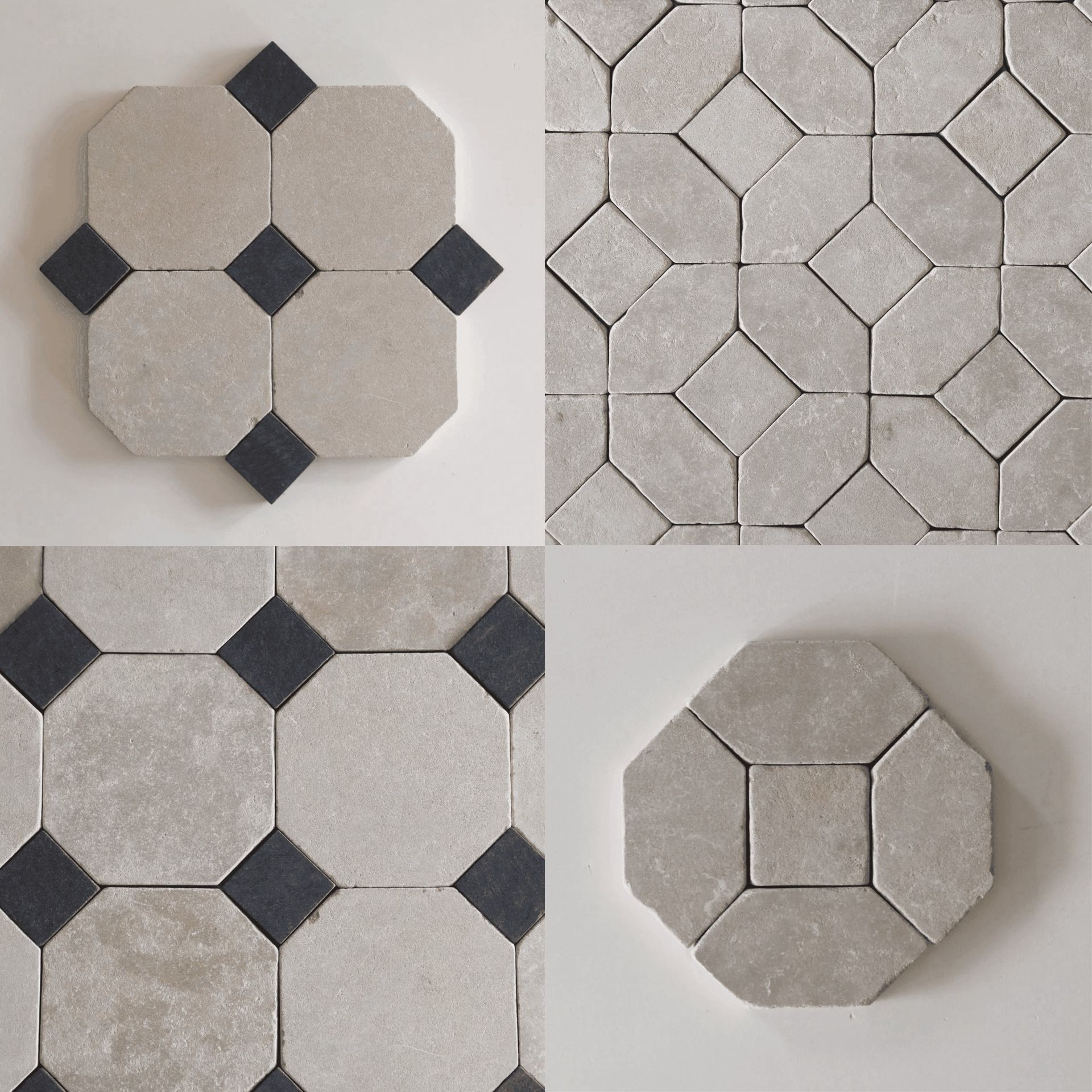 Four tile arrangements featuring gray octagon and black diamond tiles.