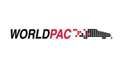 Logo for Worldpac, featuring black text, red 
