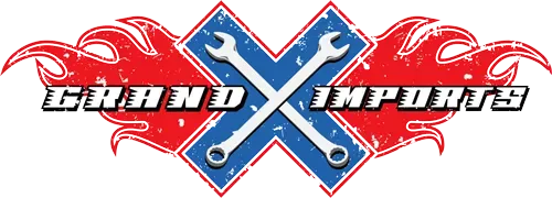 Logo for Grand Imports with crossed wrenches, red flames, and distressed style.
