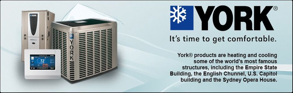 YORK heating and cooling products: HVAC units and a control panel. 