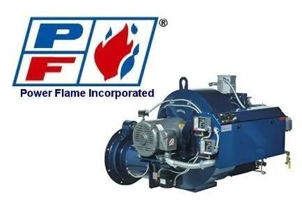 Logo for Power Flame Incorporated next to a blue industrial burner.