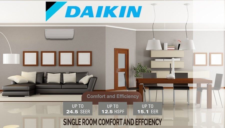Daikin air conditioner ad in a modern living room. Text: Comfort and Efficiency, with efficiency ratings listed.