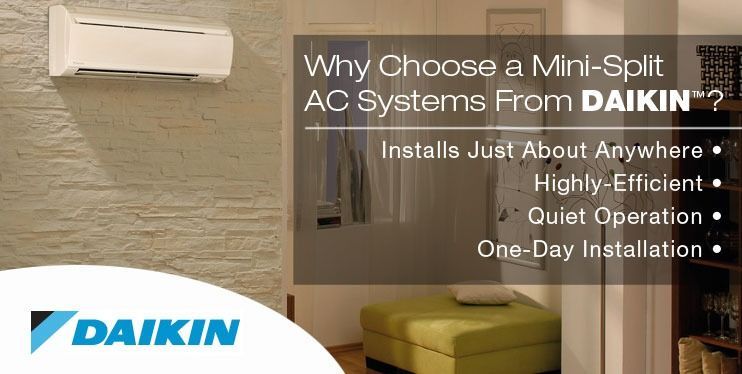 Mini-split AC system from Daikin installed indoors. Text highlights: installs anywhere, efficient, quiet, one-day install.