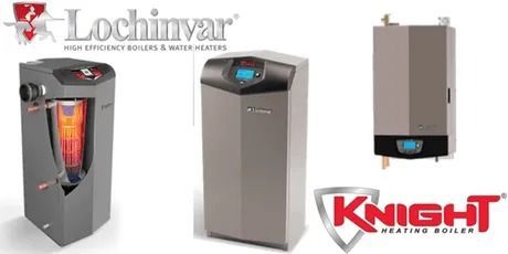 Lochinvar Knight heating boilers. Three metallic gray units are shown, two with the Lochinvar logo, one with the Knight logo.