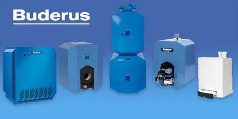 Buderus logo above a row of blue heating and water system components.