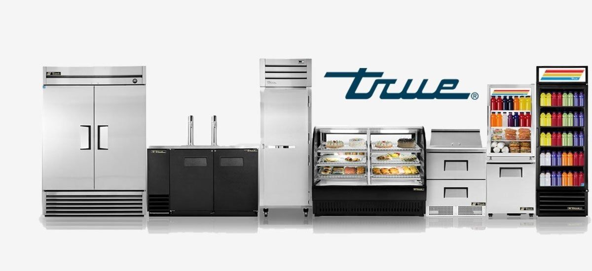 Collection of True refrigeration products. Stainless steel and black commercial refrigerators and displays.