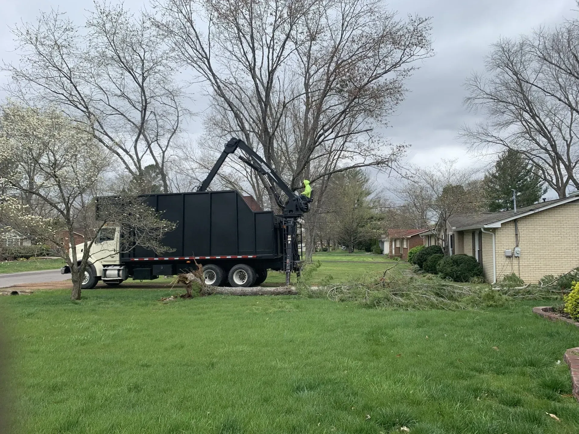Tree trimming truck in a yard, worker on crane arm cutting branches. Cloudy sky.