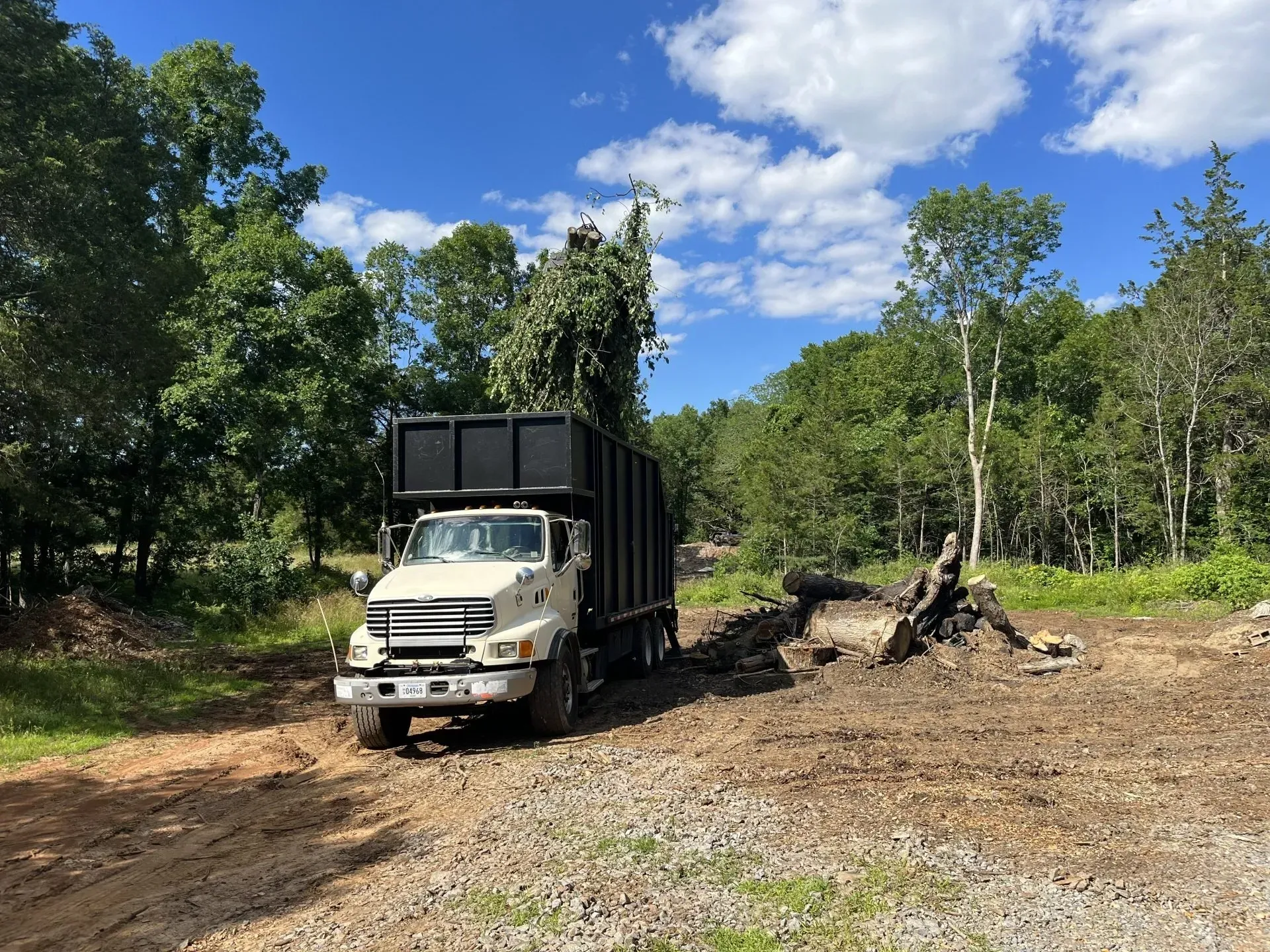White truck hauling tree branches on a dirt road, surrounded by trees, under a blue sky.