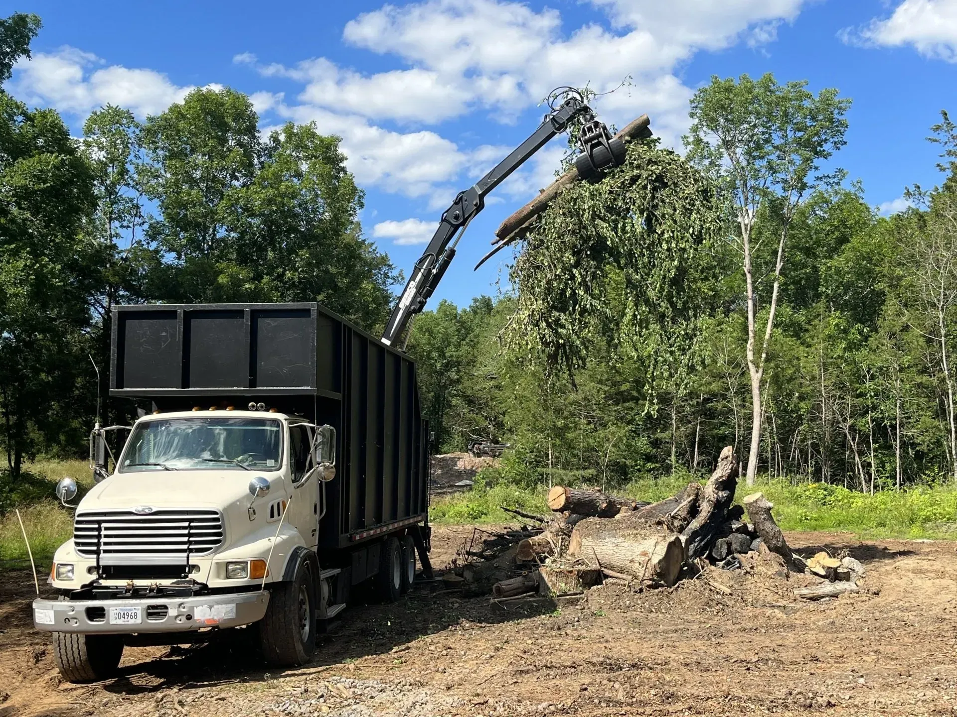 Truck with crane loading tree debris into a large black dumpster in a wooded area.