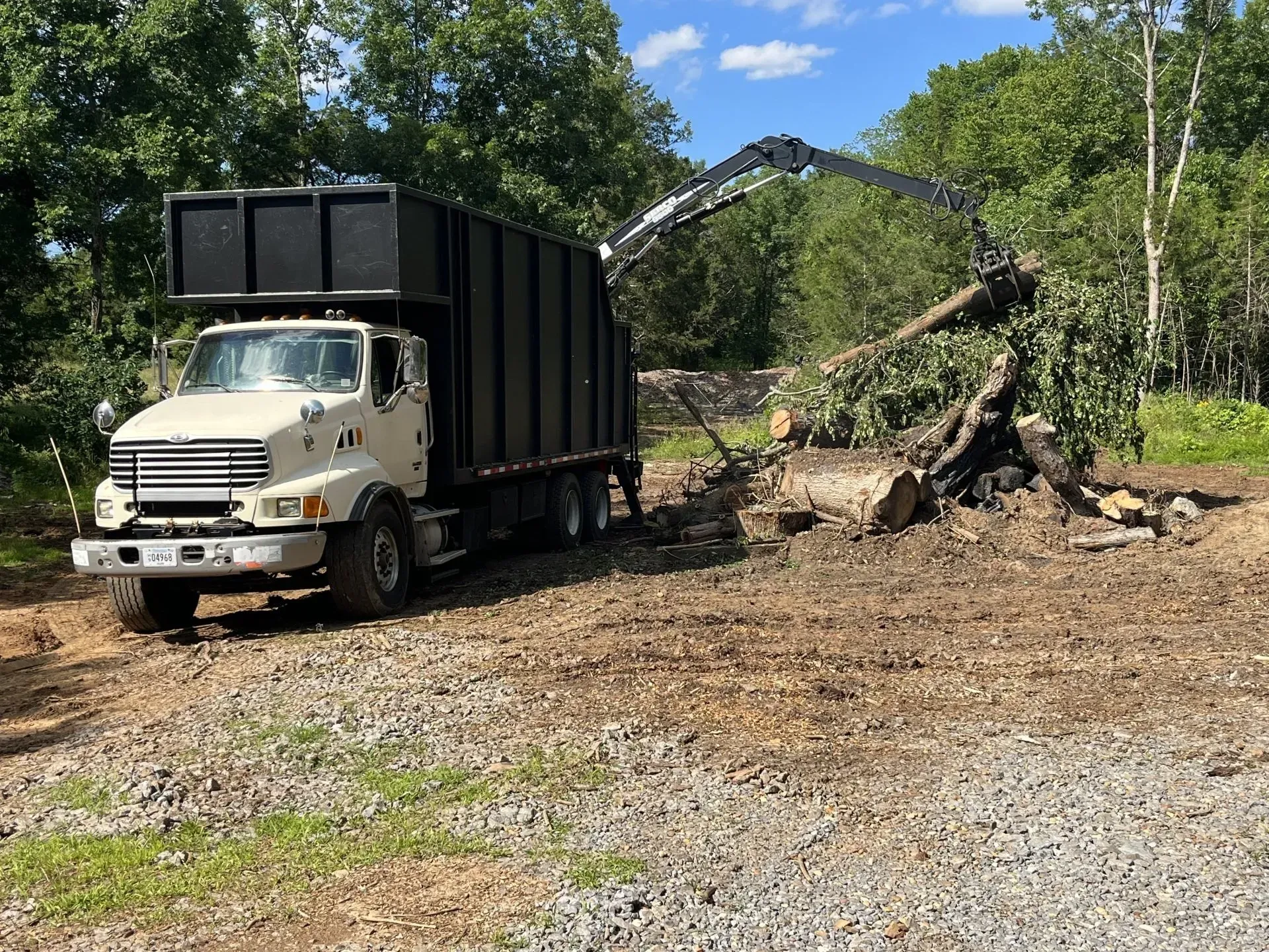Truck loading logs in a muddy area with a mechanical arm; trees in the background on a partly sunny day.