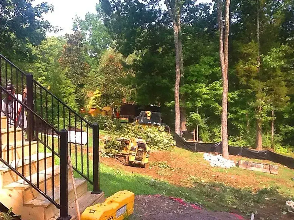 Land clearing with heavy machinery in a wooded area. A staircase and railing are in the foreground.