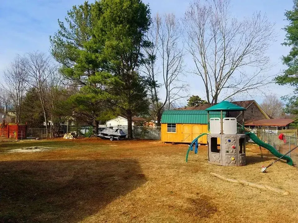 Backyard with playground, shed, bare trees, and trailer under a blue sky.