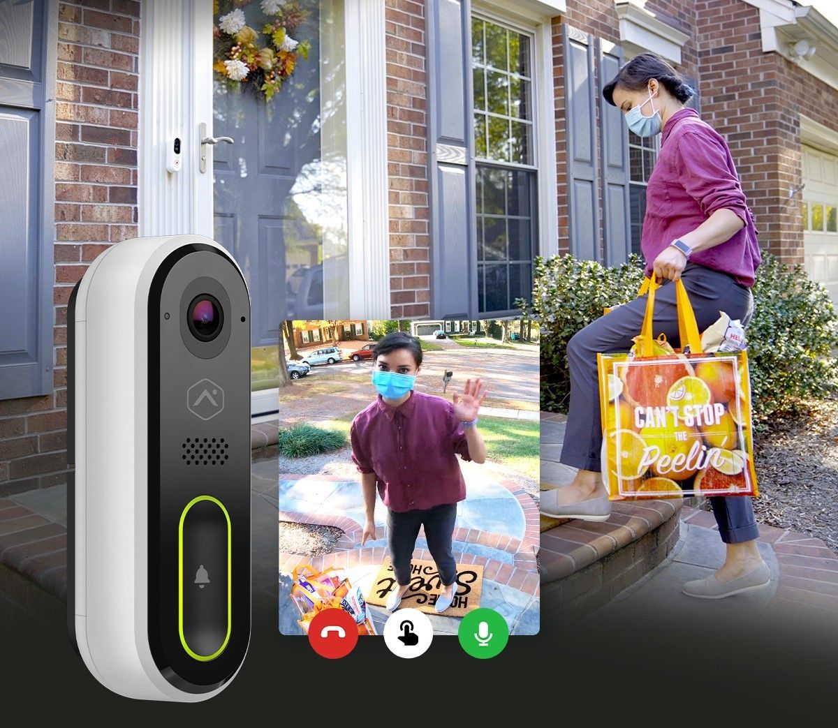 A woman wearing a face mask is standing in front of a doorbell.