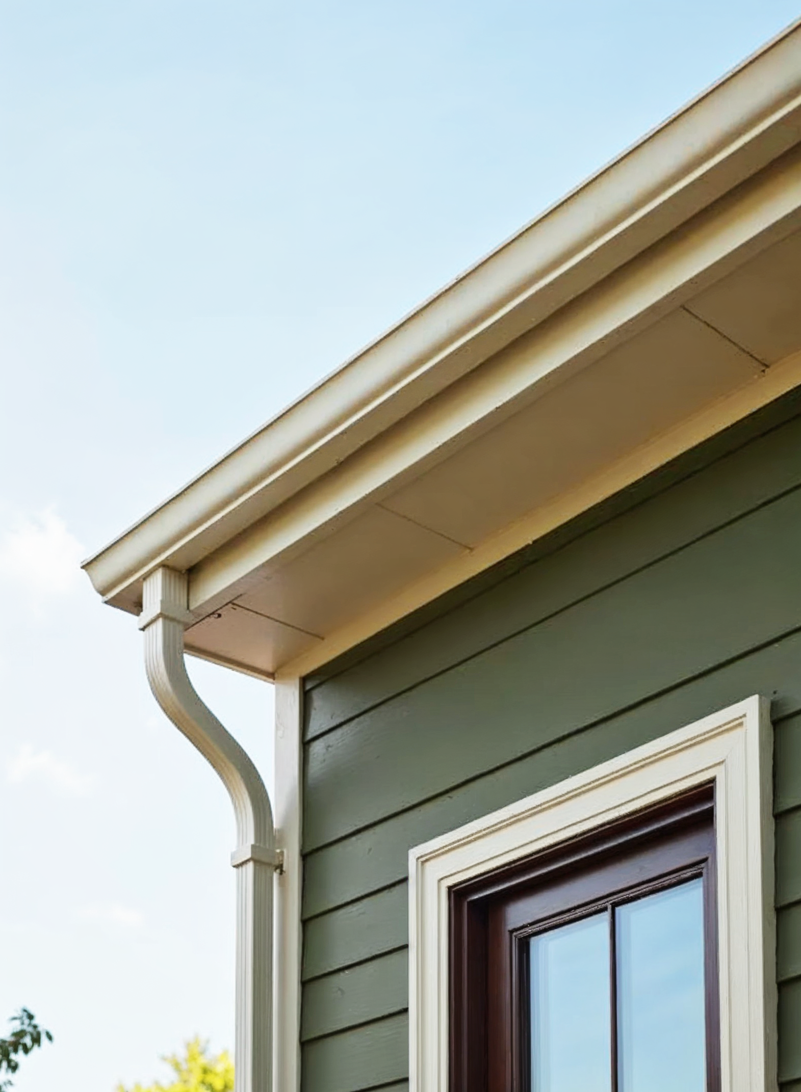 Green house siding with beige trim, window, and gutter against a blue sky.