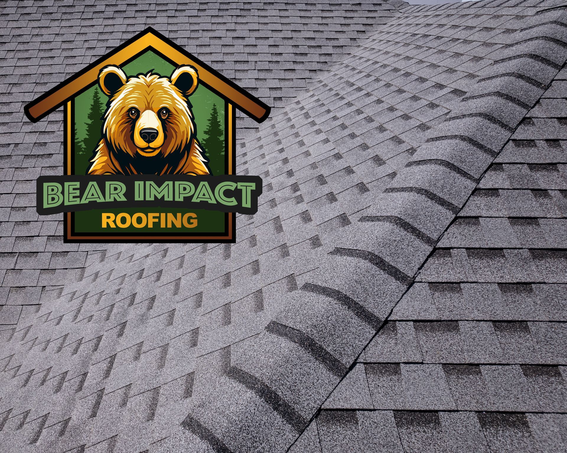 Bear Impact Roofing logo over a gray shingled roof.