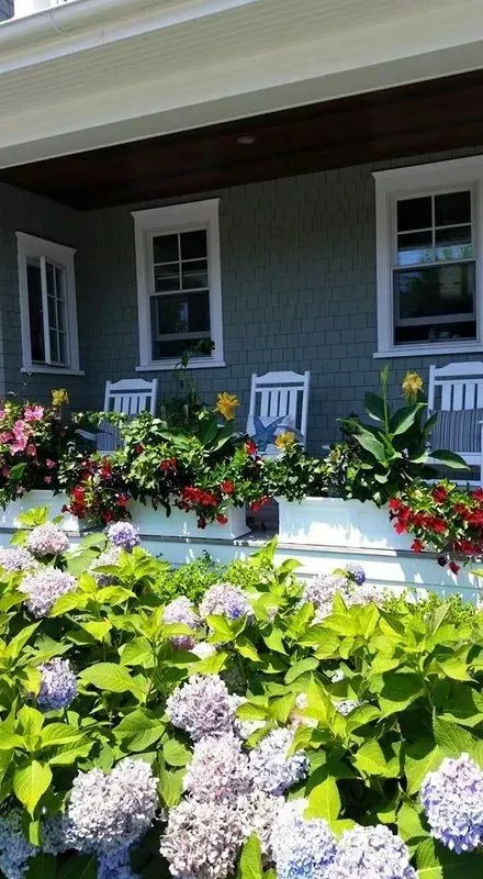 Porch with white rocking chairs, colorful flower boxes, and flowering hydrangeas.
