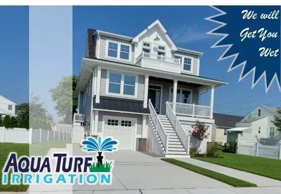 Aqua Turf Irrigation advertisement featuring a house with a sprinkler logo and text 