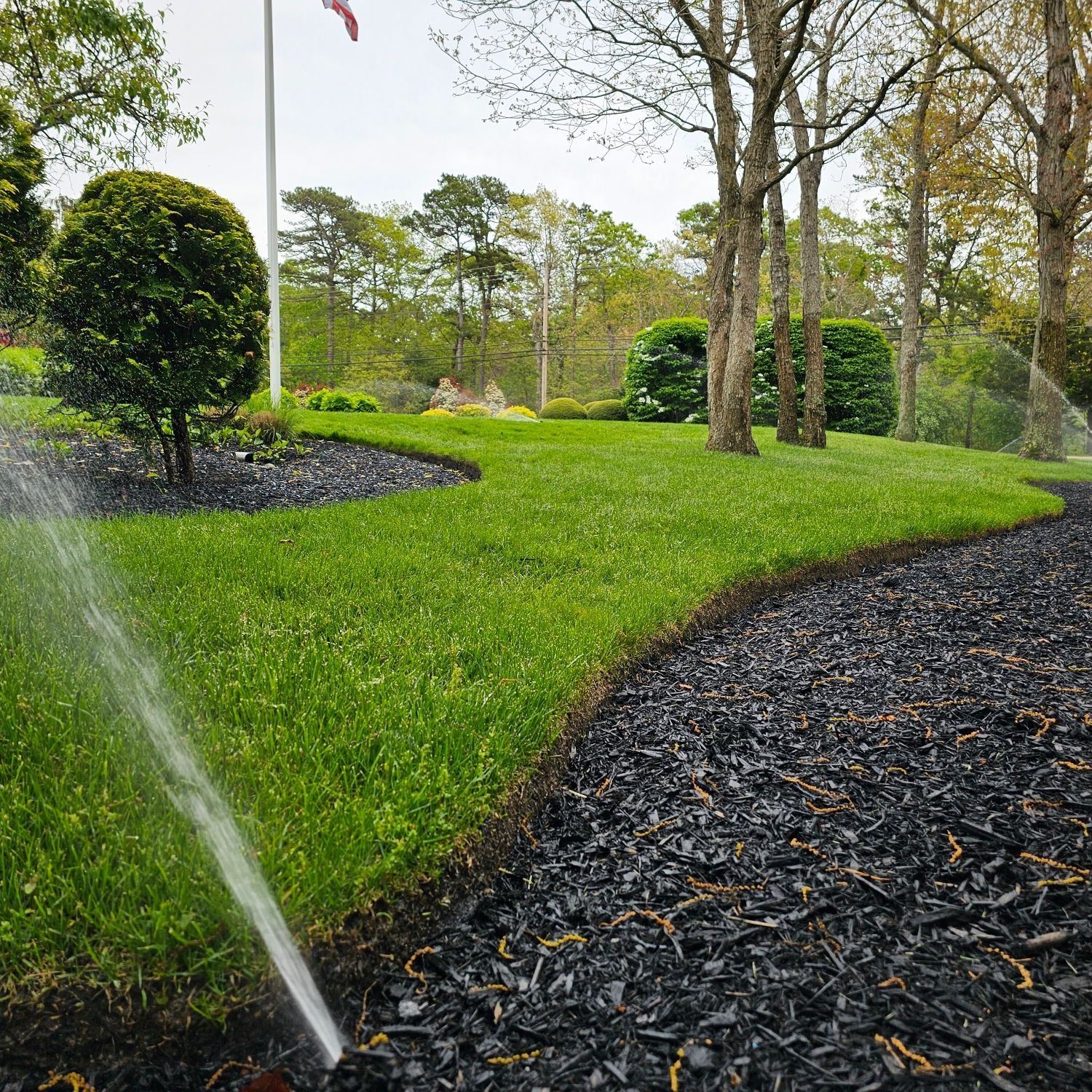 Lawn sprinkler watering green grass alongside a bed of black mulch. Trees and a flag are in the background.