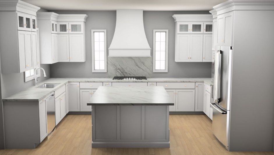 White kitchen with a gray island, cabinets, countertops, and stainless steel appliances.
