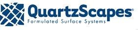 A blue and white logo for quartzscapes formulated surface systems