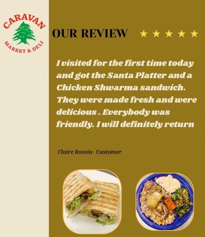 Review for Caravan Market & Deli. Includes text, food photos, and a customer quote about fresh, delicious food.