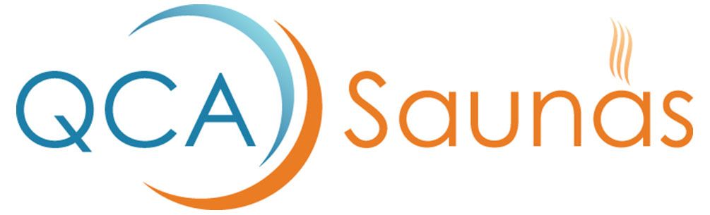 The logo for qca saunas is blue and orange.