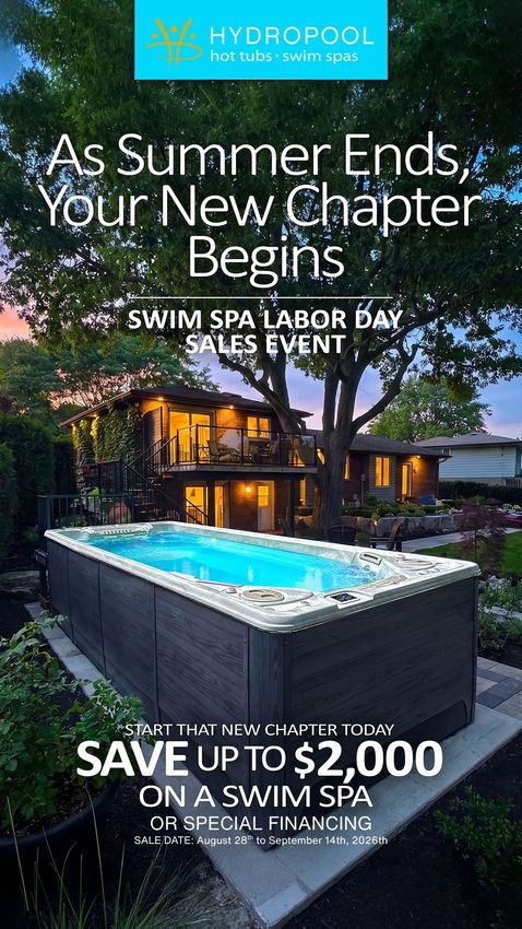 Luxury backyard pool at dusk with As Summer Ends, Your New Chapter Begins and swim spa Labor Day sale text