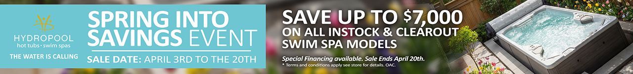 Promotional banner for a Spring into Savings Event, offering up to $7,000 off in-stock swim spa models.