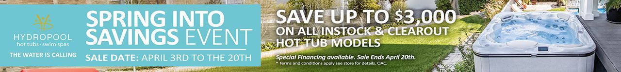 Promotional banner for a Spring Into Savings Event offering up to $3,000 off select hot tub models.