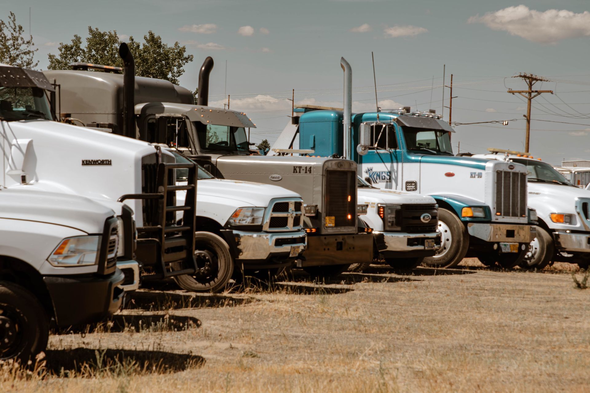 White and blue semi trucks parked in a row on a dry lot under a clear sky
