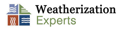 Logo for Weatherization Experts featuring a four-paneled house icon with abstract wavy lines next to the company name.
