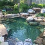 Pond surrounded by large rocks, with clear green water reflecting sunlight. Green vegetation in background.